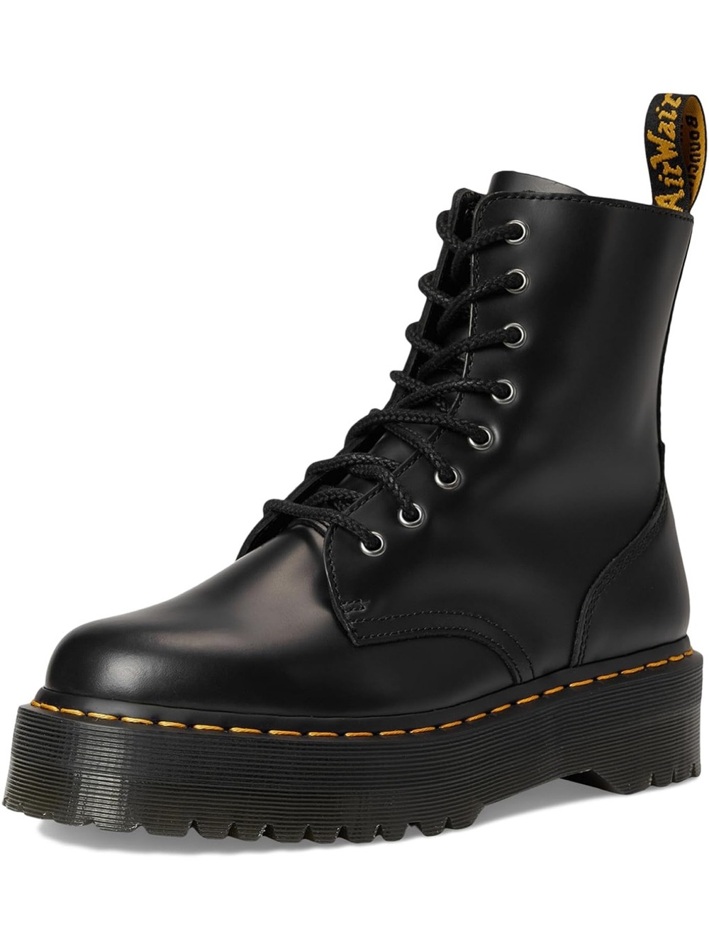 Dr. Martens Black Leather Platform Lace-Up Boot with Yellow Stitching